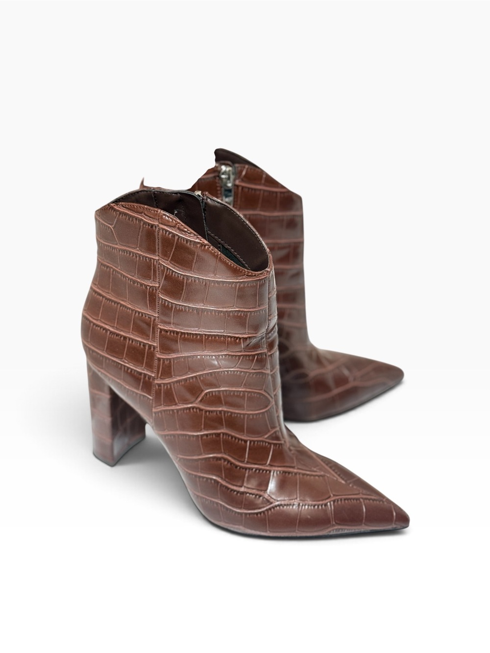 Marc Fisher Croc-Embossed Pointed Toe Ankle Boots in Brown. 3.5-inch heels